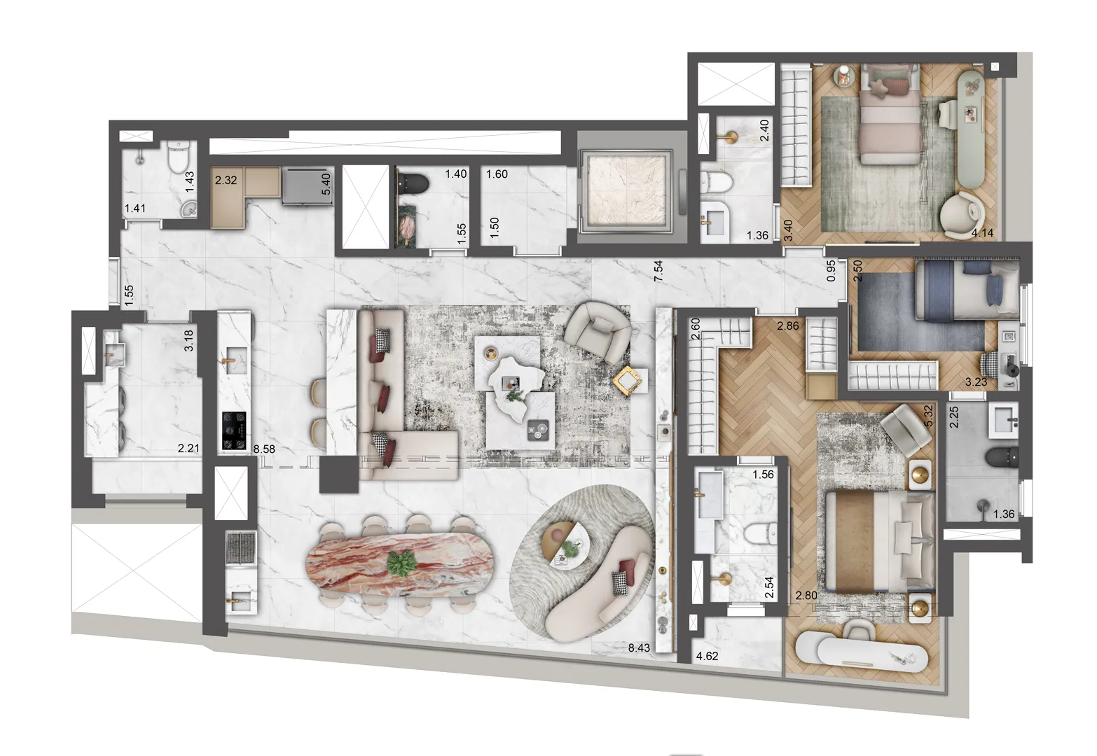 Planta 162 m² com 3 suítes opção
