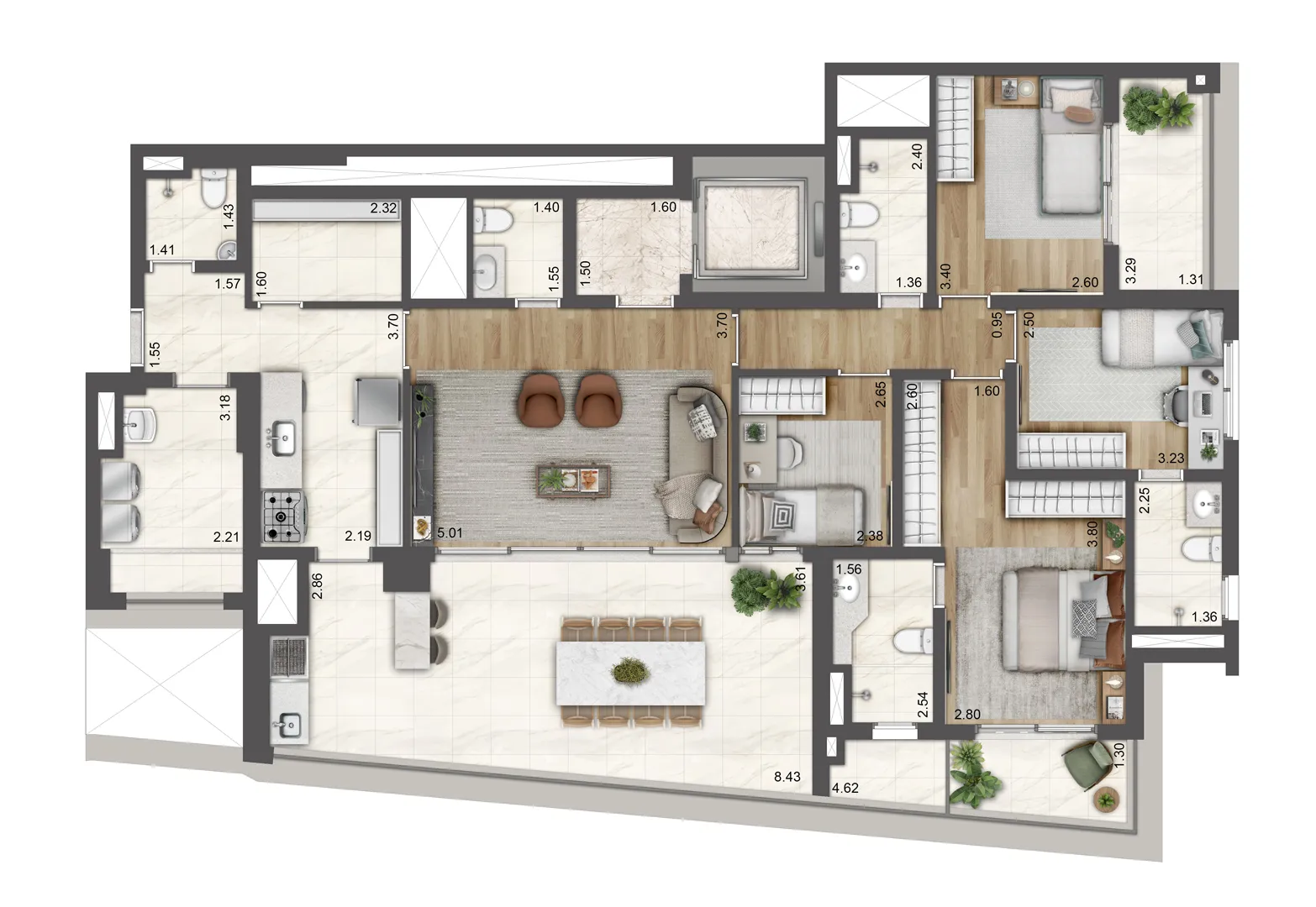 Planta 162 m² com 4 dormitórios