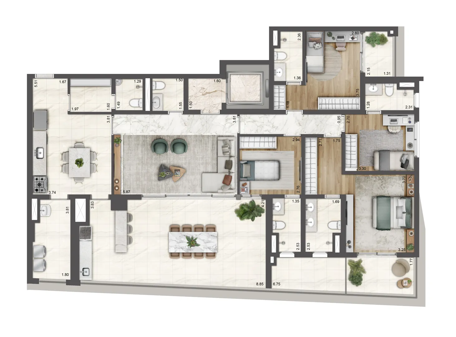 Planta 199 m² com 4 suítes