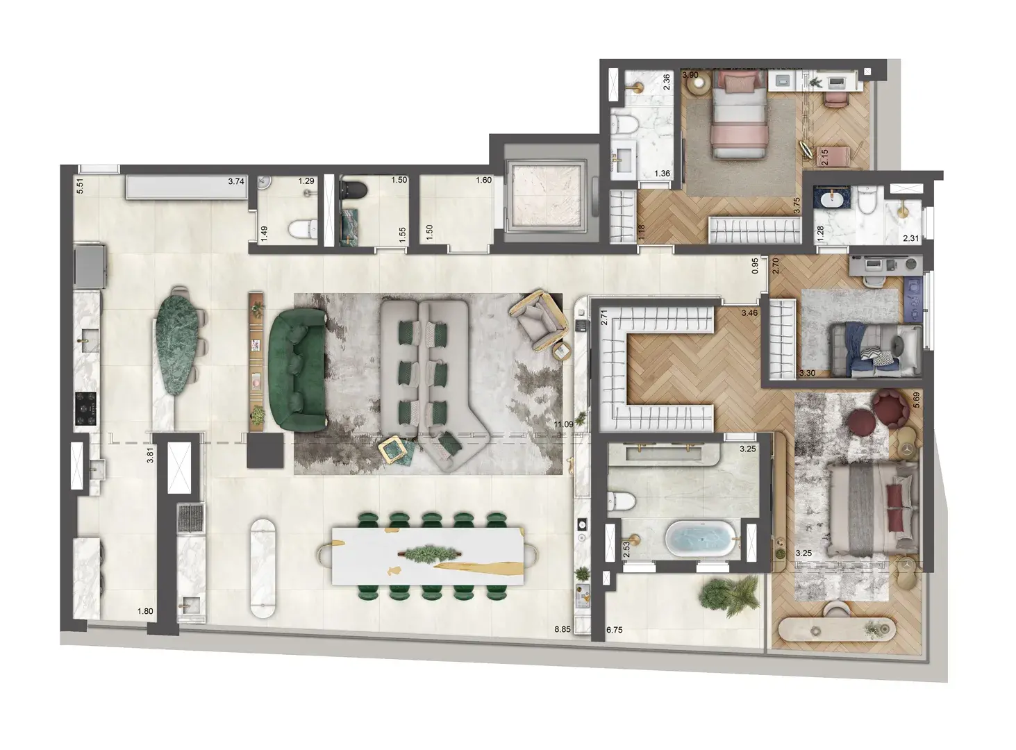 Planta 199 m² com 3 suítes e living ampliado